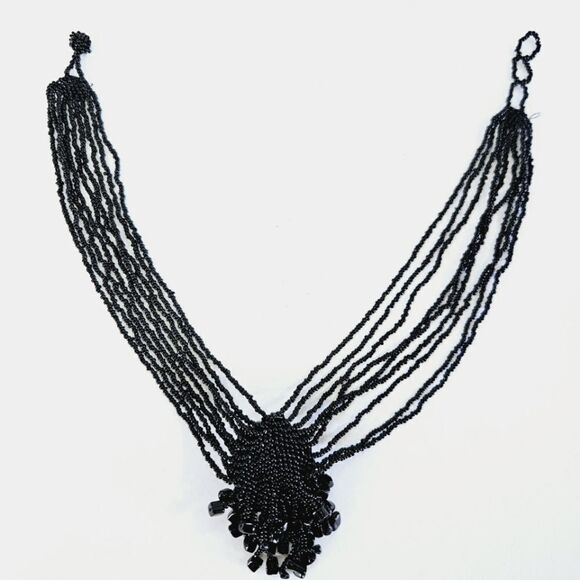 Vintage Seed Beaded Multi Strand Cluster Black Onyx Statement Collar Necklace - Picture 1 of 10